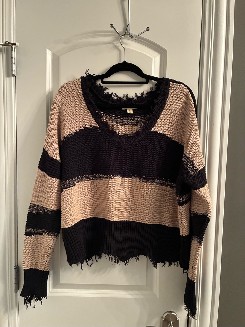 Rag Poets Black & Beige Striped Distressed V-Neck Sweater